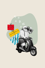 Vertical collage of excited santa black white gamma driving moped bike hold boombox deliver festive box package isolated on creative background