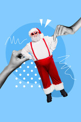 Poster - Vertical collage picture of two arms black white gamma hold mini funky aged santa isolated on painted background