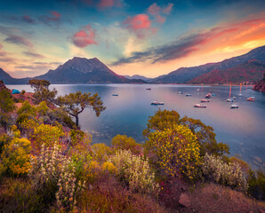 Canvas Print - Aerial Mediterranean seascape in Turkey. Stunning summer sunrise in Adrasan bay with view Moses Peak on background. Traveling concept background.