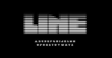 Poster - 3d linear halftone alphabet, digital equalizer font for logo, headline and monogram. Horizontal lines blinds letters. Vector typography design