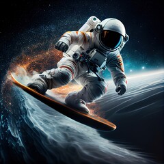 Astronaut surfing on the abstract wave in outer space. Creative photorealistic illustration generated by Ai