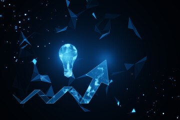 Wall Mural - Abstract glowing polygonal light bulb and arrow on dark backdrop. Idea and breakthough concept. 3D Rendering.