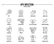 HPV Infection, Human Papillomavirus symptoms, diagnostic and treatment vector icon set. Line editable medical icons.