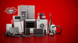 © Destina - Group of home appliances and consumer electronics standing on red background. 3D illustration
