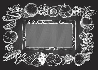 Sticker - Chalkboard frame with assorted vegetables and fruits, chalk menu template