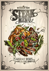 Canvas Print - Steak menu vector design template with hand drawn sketch style illustration of a beef steak with fried potato, tomatoes and greens