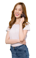 Cheerful beautiful Asian woman in white t-shirt and holding mockup credit card on screen background, PNG transparent.