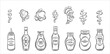 Sauces outline icons set vector illustration. Line hand drawing containers, bottles and splashes of tomato ketchup, mustard, mayonnaise and BBQ sauce for burger, stain of wasabi paste for sushi