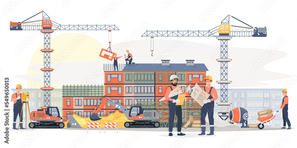Construction site with architects and builders, surveyors. Workers ...