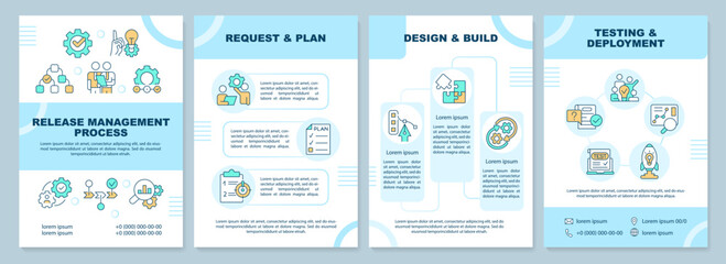 Wall Mural - Release management process blue brochure template. Leaflet design with linear icons. Editable 4 vector layouts for presentation, annual reports. Arial-Black, Myriad Pro-Regular fonts used