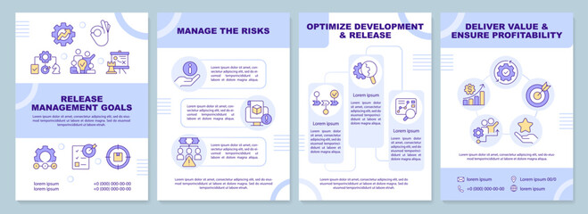 Release management goals blue brochure template. Leaflet design with linear icons. Editable 4 vector layouts for presentation, annual reports. Arial-Black, Myriad Pro-Regular fonts used