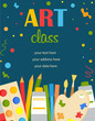 Art class vector flyer template. Vectir illustration for poster, invitation, flyer, banner, brochure, advertising. Promo poster for painting school. Painting stationary background.
