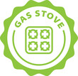 © Revolutionizzed - gas stove green stamp. Symbol, outline icon, tag, badge, label, circle, green white vector round isolated on transparent background.