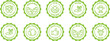 © Revolutionizzed - bio fresh local farm food icon set, green stamps. Symbol, outline icon, tag, badge, label, circle, green white vector round isolated on transparent background.