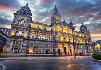 Canvas Print - Glasgow City Chambers and George Square at dramatic sunrise, Scotland - UK