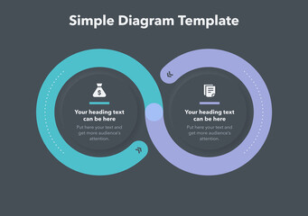 Poster - Modern business process diagram with 2 steps - dark version. Flat infographic design with minimalistic icons.