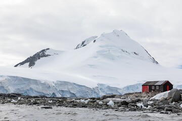 Sticker - Of the ocean with a building on it and mountains covered with snow, Antarctica