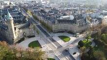 Scenic Drone Aerial Footage Of Luxembourg City, Including Cathédrale Notre-Dame, Pont Adolphe And Bourbon-Platte