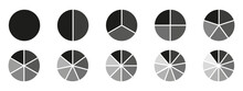 Circles Divided Diagram 3, 10, 7, Graph Icon Pie Shape Section Chart. Segment Circle Round Vector 6, 9 Devide Infographic
