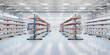 3d rendering of steel pipe product, row of shelf and concrete floor inside large warehouse building, factory or store. Concept of metallurgy industry, steel production, engineering and manufacturing. 