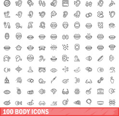 Sticker - 100 body icons set. Outline illustration of 100 body icons vector set isolated on white background