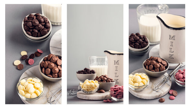 Stories templates with ingredients for cooking hot chocolate. White, milk, ruby and dark chocolate chips with glass milk. Over gray background with copy space
