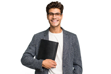 Young teacher caucasian man holding a book isolated happy, smiling and cheerful.