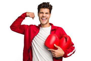 Young caucasian man practicing boxeo isolated