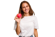 Young Caucasian Woman Holding A Red Apple Isolated Happy, Smiling And Cheerful.