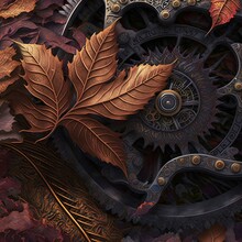 Fantasy Maple Leaf On A Metallic Steampunk Decoration Background, Old Metallic Gears, Generative Ai