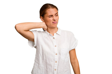 Wall Mural - Young caucasian woman isolated tired and very sleepy keeping hand on head.