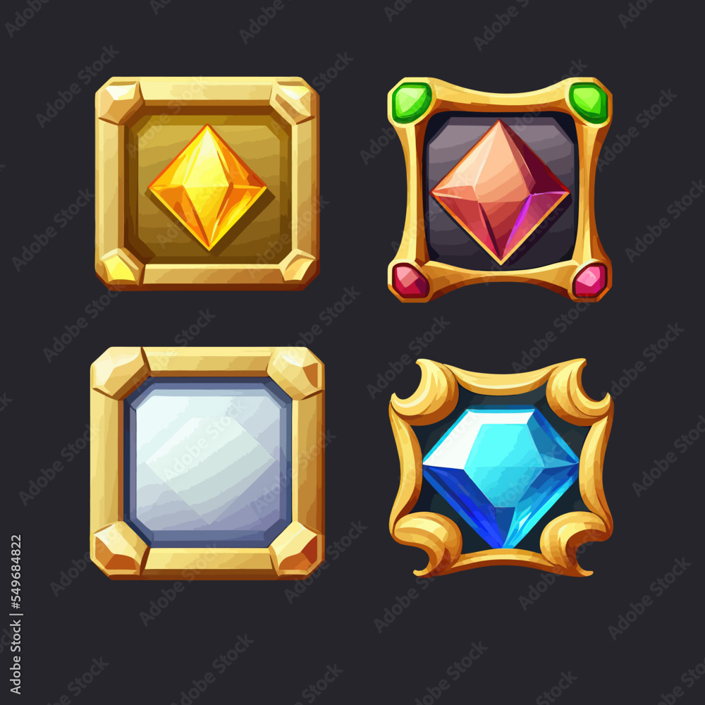 Precious stones in gold and silver frames in medieval style. Cartoon ...