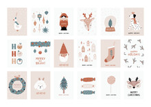 Boho Christmas Vector Posters With Christmas Decor Elements In Flat Style