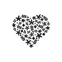 Wall Mural - Floral heart vector illustration. Cute hand drawn black composition with flowers, herbs, leaves for Valentine Day, Mothers Day, Womens Day. For card, invitation, print, poster.