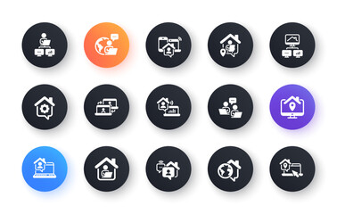 Work at home icons. Remote worker, Freelance job, Office employee. Stay at home, internet work, remote teamwork icons. Worker with computer, home workspace, shared network. Circle web buttons. Vector