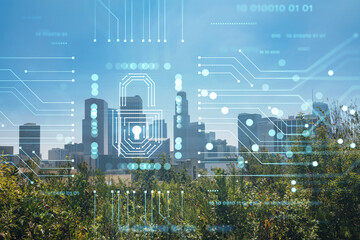 Wall Mural - Los Angeles panorama skyline of downtown at day time, California, USA. Skyscrapers of LA city. Glowing Padlock hologram. The concept of cyber security to protect companies confidential information