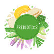 © tanyabosyk - Prebiotic products, sources of these bacteria, nutrient rich food. Flat vector illustration of soy beans asparagus onion banana garlic artichoke