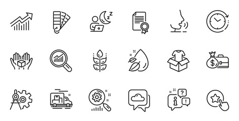 Outline set of Demand curve, Water drop and Shift line icons for web application. Talk, information, delivery truck outline icon. Include Certificate, Salary, Time change icons. Vector