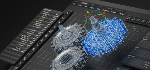 Fototapete - Engineering designer design 3D CAD software program Industrial engine model mechanical dimensional digital manufacturing factory engineer computer screen. 3d rendering.