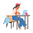 Female Student Character at Desk with Laptop Learning Vector Illustration