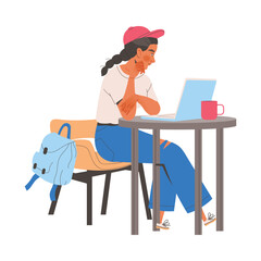 Wall Mural - Female Student Character at Desk with Laptop Learning Vector Illustration