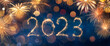 Leinwandbild Motiv 2023 New Year Celebration With Sparkler And Fireworks At Blue Eve Night In Abstract Defocused Lights