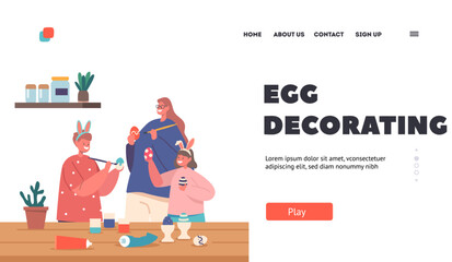 Sticker - Egg Decorating Landing Page Template. Mother and Little Girl with Boy Wearing Rabbit Ears Painting Eggs for Easter