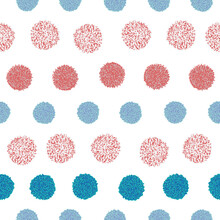 Vector Seamless Pattern Pompom In Rows In Blue, Pink And Red Color On White Background. Holiday Christmas Or Birthday Baby Repeating Pattern. Pon Pon Pom.