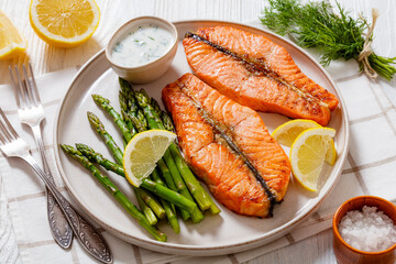 Poster - roast salmon steaks with asparagus and dill sauce