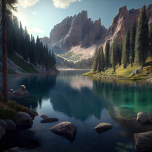Braies Lake In Italy. Lago Di Braies. Photorealistic Illustration Generated By Ai