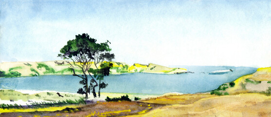 Watercolor landscape. Tree by the lake