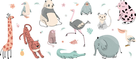 Poster - Doodle flat wild animals. Tiger sloth monkey and penguin. Isolated zoo animal, cartoon crocodile and giraffe. Nowaday vector childish tropical characters