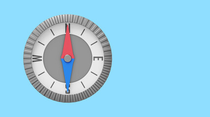 Realistic compass, navigation, direction finding. 3D rendering. Icon on blue background, space for text.