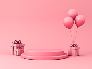 Aufkleber - Blank pink podium pedestal with gift boxes and balloons or blank product display exhibition stand stage platform isolated on light pink pastel color background minimal conceptual 3D rendering